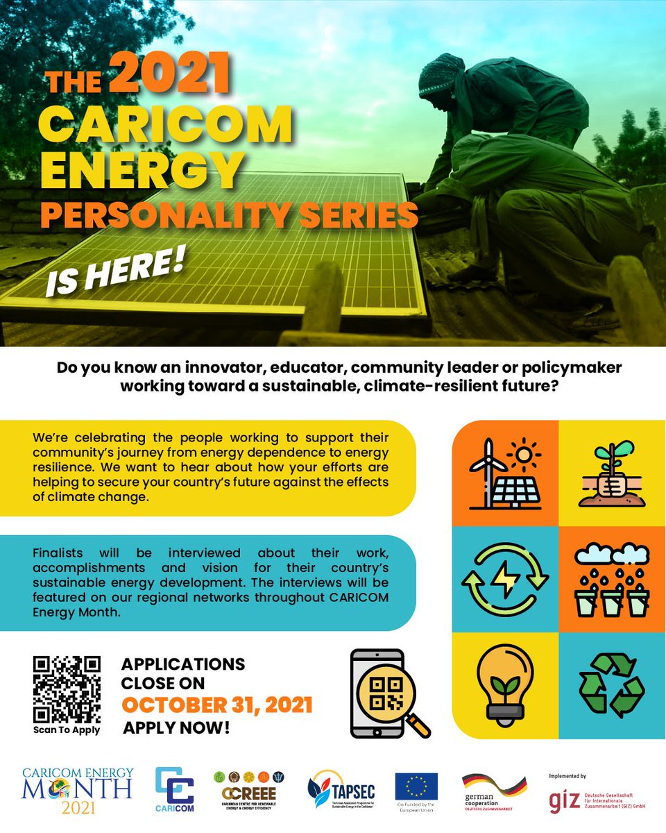 CARICOMEnergy's tweet photo. 🚨NEW DEADLINE!🚨

The #CEM2021 Personality Series celebrates the educators, leaders, innovators and policymakers helping to secure a climate-resilient future for their communities!

Tell us how you’re helping us reach climate resilience. Apply by 31 October 2021

#CEMPersonality https://t.co/47Ov5FUDAv