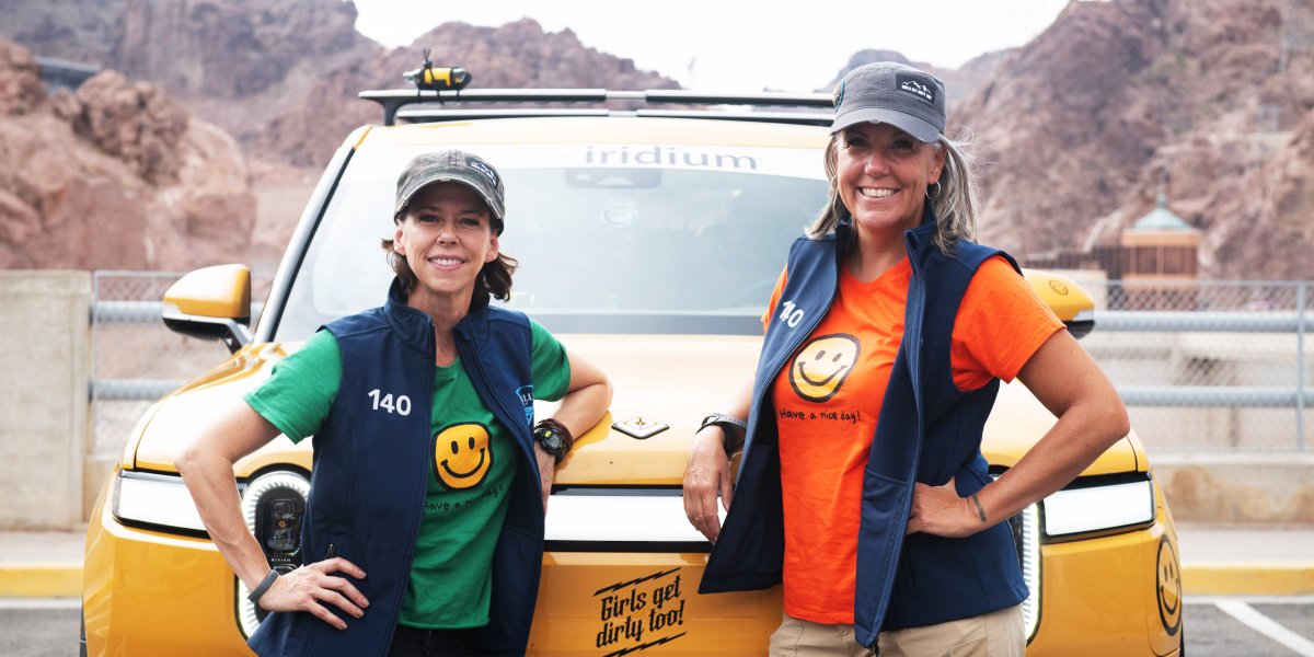 Rivian's tweet photo. Teamwork. Trust. Grit. These are the things that matter most at @rebellerally, the first women’s off-road navigation competition in the United States. Congratulations to driver Emme Hall and navigator Rebecca Donaghe, who with their R1T placed fifth of 42 teams in the rally. 🌵⚡️ https://t.co/WtcyI8RBbB