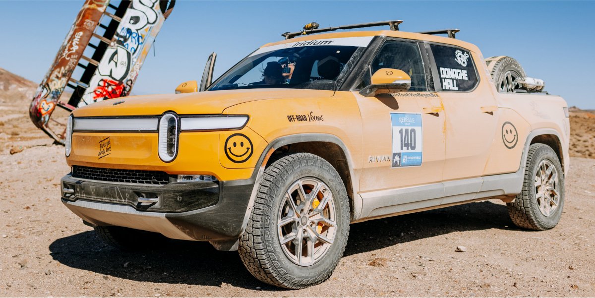 Rivian's tweet photo. Teamwork. Trust. Grit. These are the things that matter most at @rebellerally, the first women’s off-road navigation competition in the United States. Congratulations to driver Emme Hall and navigator Rebecca Donaghe, who with their R1T placed fifth of 42 teams in the rally. 🌵⚡️ https://t.co/WtcyI8RBbB