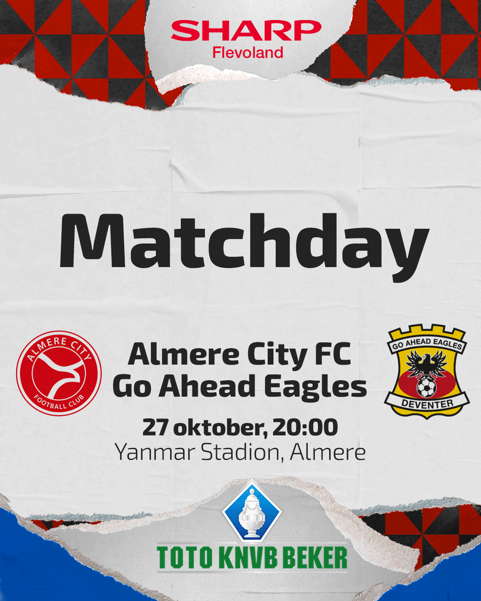 AlmereCityFC's tweet image. 🏆 𝙈𝘼𝙏𝘾𝙃𝘿𝘼𝙔!

⚔️ | @GAEagles
1️⃣ | Eerste ronde KNVB Beker
🕗 | woensdag 27 oktober, 20:00
🏟 | Yanmar Stadion
👕 | @SharpBPAlmere Bekershirts!
🤳 | #ALMGAE