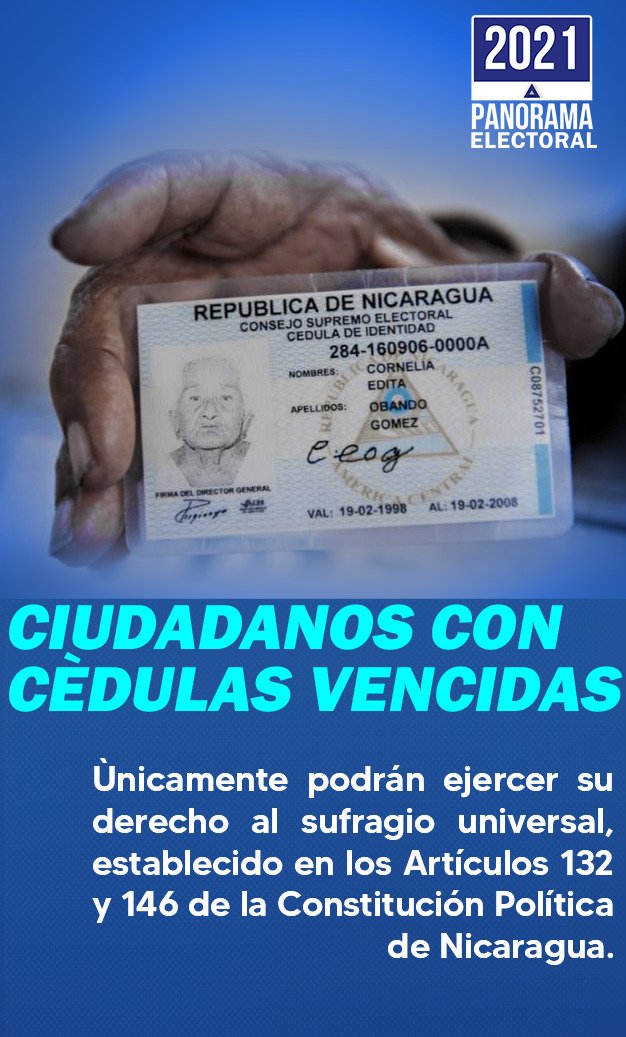 #EleccionesLibres2021 🇳🇮

La <a href="/AsambleaNi/">Asamblea Nacional Nicaragua</a> aprueba Ley Especial para la vigencia de las cédulas de identidad vencidas.

La población de #Nicaragua podrá utilizar su cédula vencida únicamente para ejercer su derecho al sufragio universal el 7 de noviembre en las Elecciones 2021.