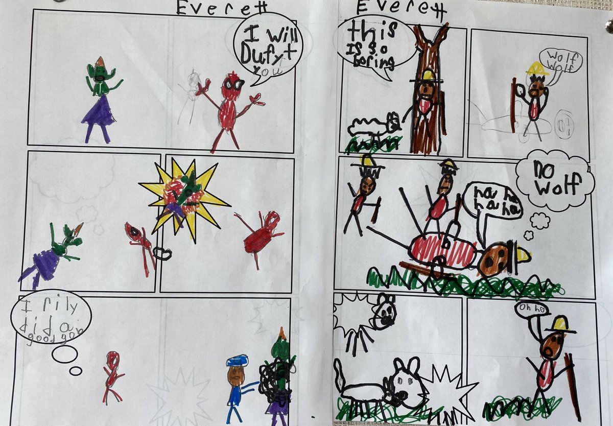 lwaterfield13's tweet photo. This writer had some free writing time and wow oh wow the details in this comic strip! Can’t wait to hear him share it with his classmates tomorrow! #characters #problemandsolution @SeagrapeDesign @galatowitschR https://t.co/1tOs0WF7o5
