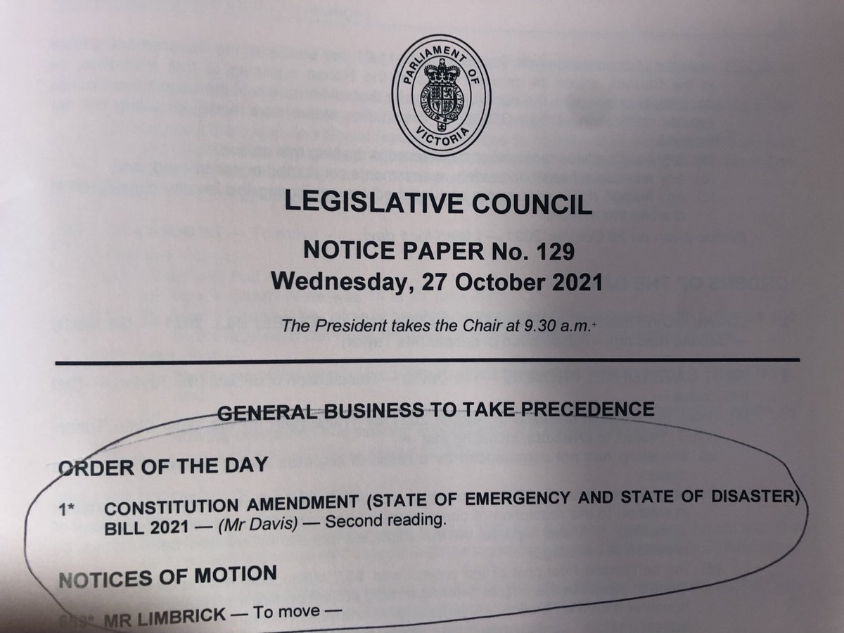 The Opposition will second read the “Constitution Amendment (State of Emergency and State of Disaster) Bill 2021 before 10AM today. This bill will ensure declarations can only be extended with special majorities in both houses. It would stymie the #Andrews power grab. #springst