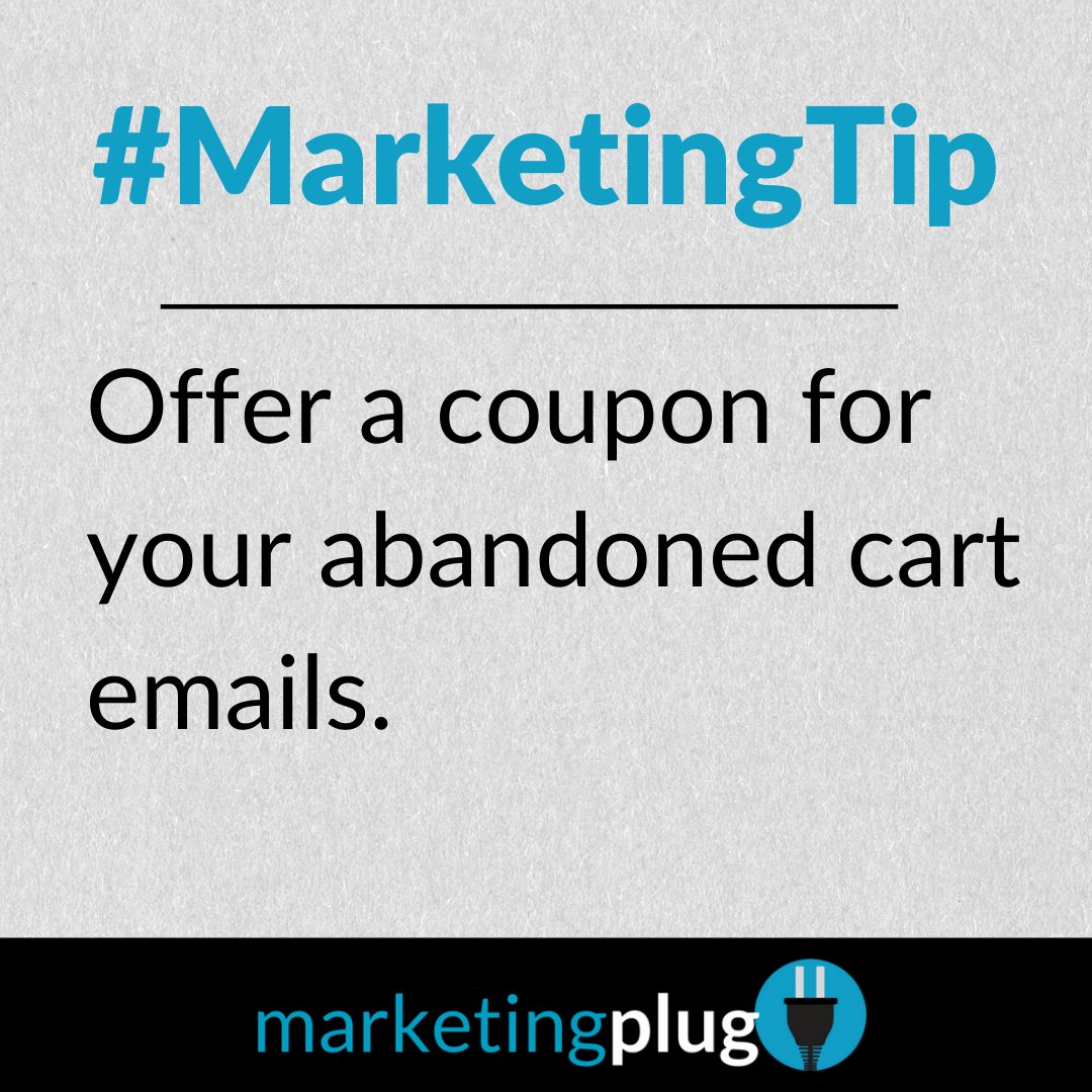 MarketingPlug's tweet photo. What do you do when your website visitors add things to cart but never make a purchase? Hopefully, your eCommerce platform is automatically sending abandoned cart emails, but to sweeten the deal, try adding a coupon code to that email, be sure to mention it in your subject line. https://t.co/On8AVK9HPY