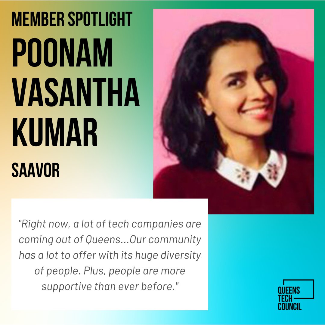 QueensChamber's tweet image. This week’s featured #tech #entrepreneur for our ongoing #QueensTechCorner segment is Poonam Vasantha Kumar, Co-Founder and CEO of @Saavornow!
