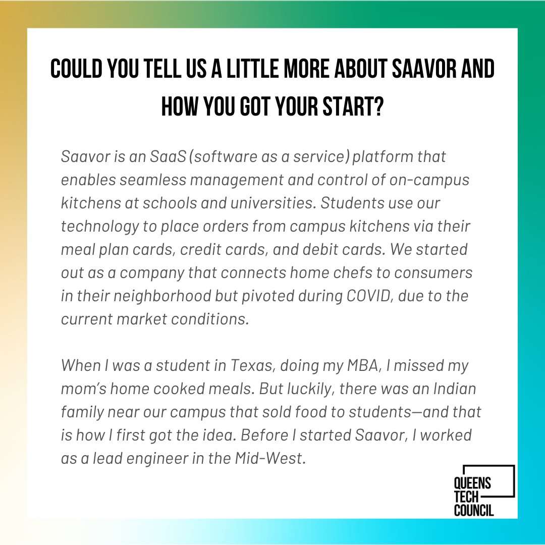 QueensChamber's tweet image. This week’s featured #tech #entrepreneur for our ongoing #QueensTechCorner segment is Poonam Vasantha Kumar, Co-Founder and CEO of @Saavornow!