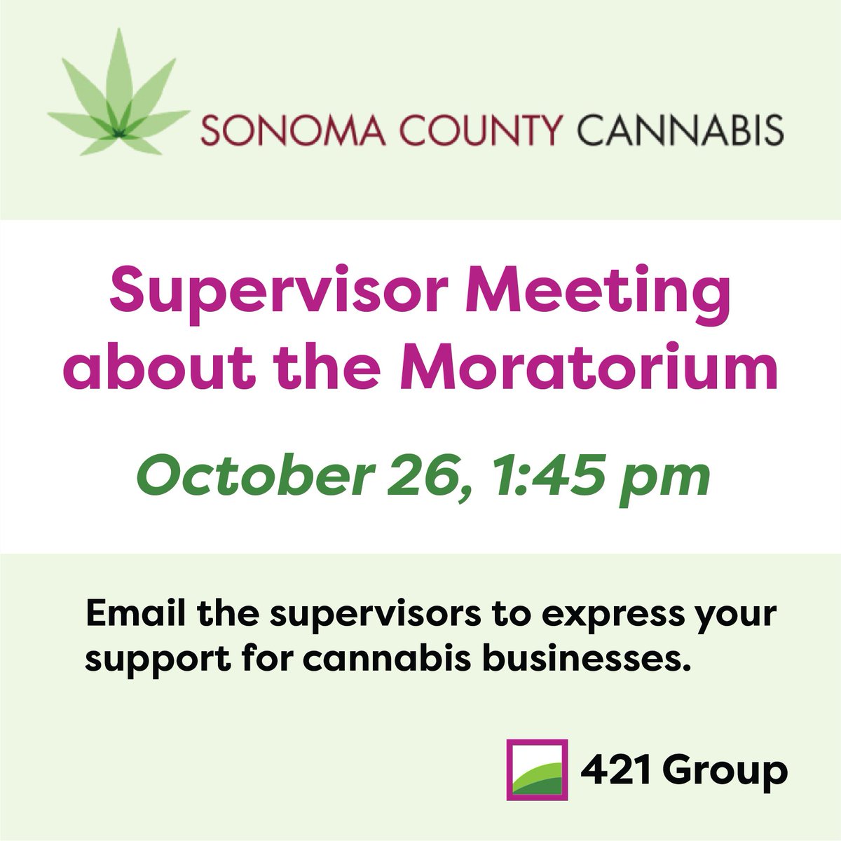421Group's tweet image. Today at 1:45 pm, the Sonoma County Board of Supervisors will vote to extend the Moratorium. If approved, it will disproportionately harm small growers. Details at sonomacounty.ca.gov/Cannabis-Progr…. Email the supervisors sonomacounty.ca.gov/Board-of-Super…. #cannabis #moratorium #sonomacounty