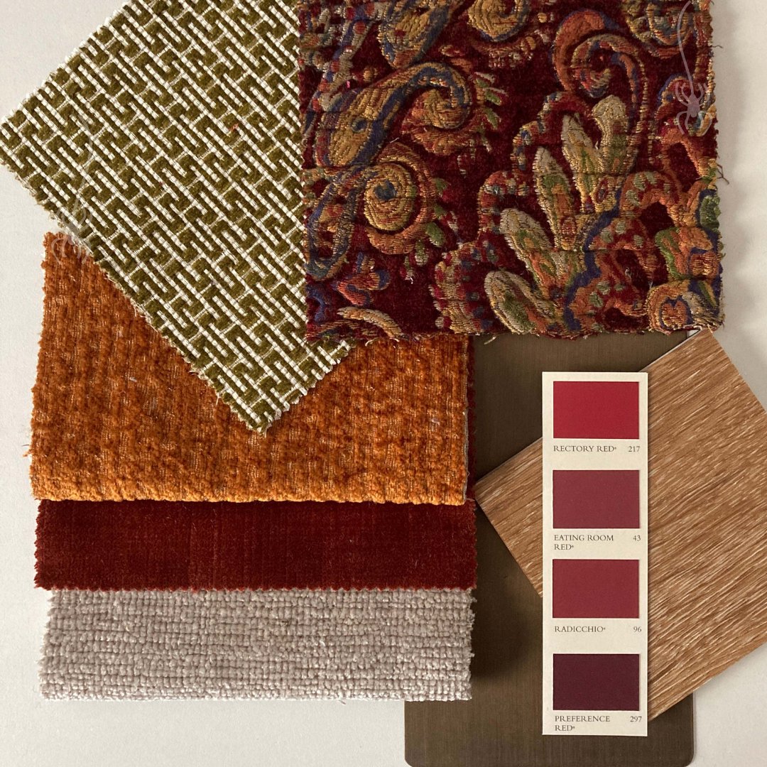 🍁 🎃 Autumnal vibes 🍂🤎
                      
The Jim Dickens moodboards have been all about bringing the outside in. The one is packed with burnt orange, warm russet, olive and deep reds help bring the comforting season to your interiors.  

#autumn #fabric #textiles