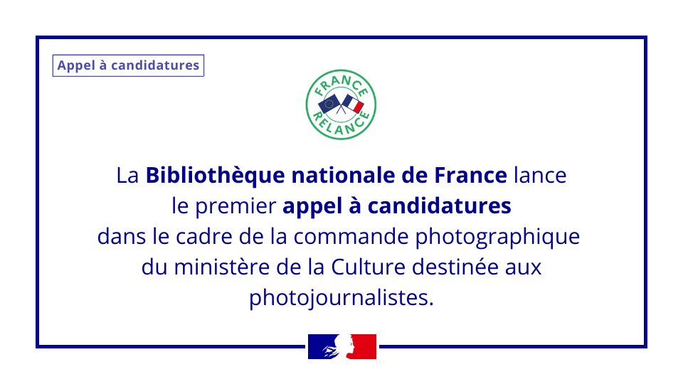 #AppelàCandidatures | Dans le cadre du plan de soutien à la presse, le <a href="/MinistereCC/">Ministère de la Culture 🇫🇷</a> a confié à <a href="/laBnF/">La Bibliothèque nationale de France</a> la mise en œuvre d’une grande commande photographique "Radioscopie de la France : regards sur un pays traversé par la crise sanitaire" 👉 fcld.ly/lzi6pfq