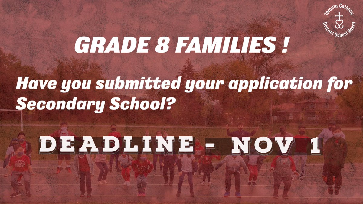 Grade 8 Families! Have you submitted your child’s secondary school application?

Submit your application now at secsoar.tcdsb.org