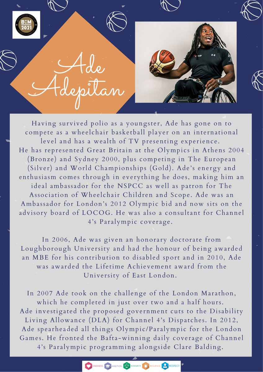 HillheadHS's tweet photo. This week our notable figures for Black History Month UK have been chosen as examples of Diversity Champions. Today’s choice is Ade Adepitan and the tannoy was delivered by one of our school captains, Faatima. #BlackHistoryMonthUK #BHM #BHM2021 #BHMHHS https://t.co/JSkAtmxq3z