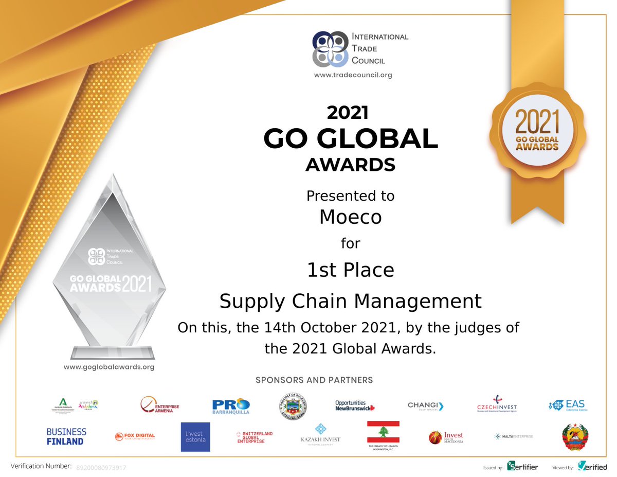 We are thrilled to announce that Moeco has won 1st place in the Go Global Awards 2021 as a Supply Chain Management leader. goglobalawards.org