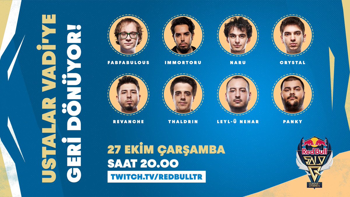 RedBullTR's tweet photo. Kadroya bak! İnsan görünce keşke Vadi 8 kişilik olsa diyor! Gelelim konumuza, Vadi'nin Ustaları geri döndü! 🤩 🎮
Red Bull Solo Q Vadi'nin Ustaları maçları yarın saat 20.00'da Red Bull Türkiye Twitch kanalında! Canlı yayınları kaçırmamak için 👉 https://t.co/BkdrhuoJpN #soloq https://t.co/bYmmxFnERe