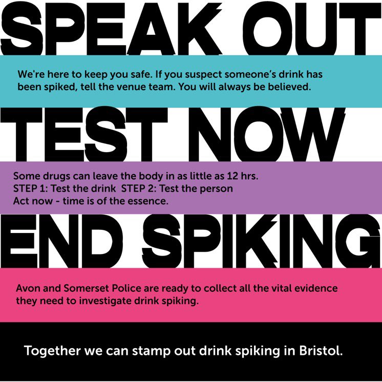 BristolNightsHQ's tweet photo. SPEAK OUT, TEST NOW, END SPIKING!
We’ve partnered with @ASPOLICE, @BrisCentreBID, and @BristolCouncil to stamp out drink spiking in Bristol.
Head over to https://t.co/M1f25ObNYw to learn about what to do if you or someone you know is spiked in Bristol. https://t.co/kFQHeEp2d4