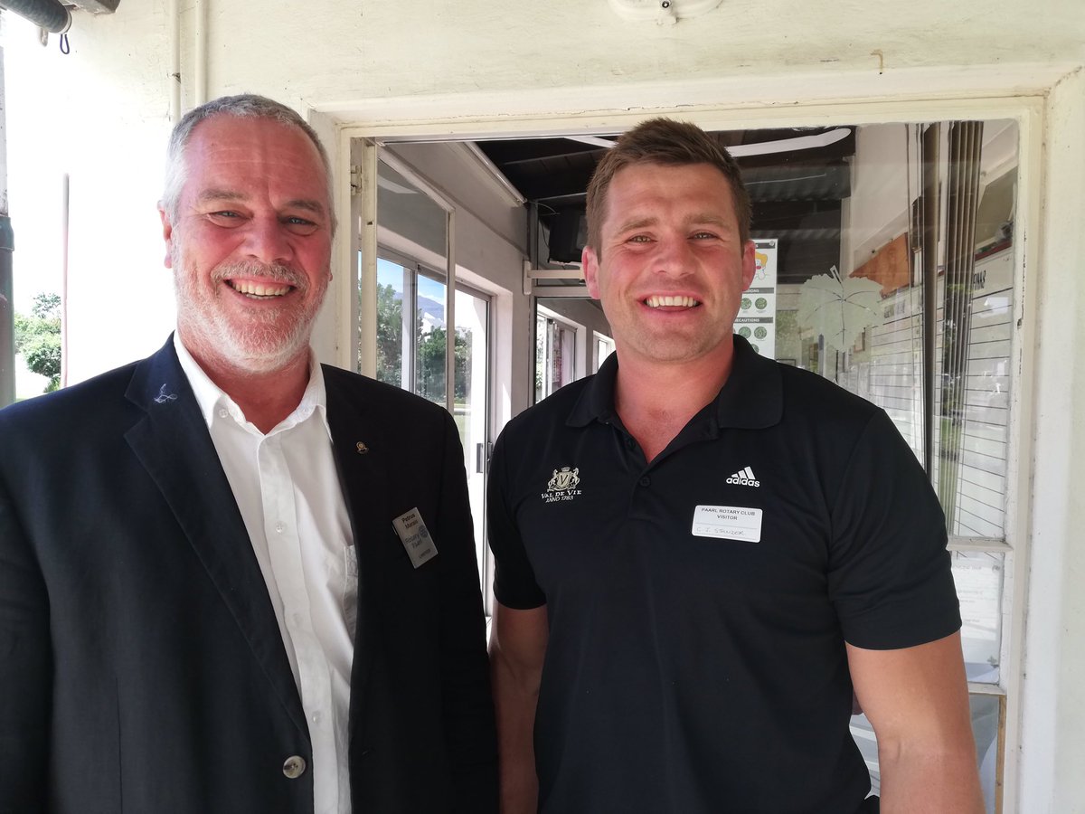 CJ Stander (right), former Irish International and British Lions rugby player has returned to South 
Africa and now lives in Paarl. He shared memories of his years in Ireland with Paarl Rotarians at their 
weekly meeting. With him is Rotarian Petrus Marais. <a href="/CJStander/">C J Stander</a> #paarl