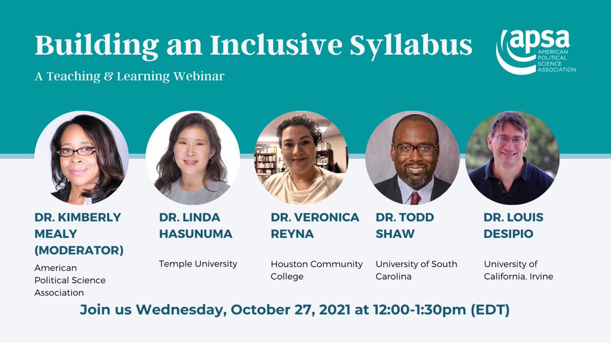 APSAtweets's tweet image. Tomorrow! Join us at 12:00-1:30pm (EDT) for a free webinar on “Building an Inclusive Syllabus" feat. @LindaHasunuma @VeronicaLaReyna, Todd Shaw &amp;amp; Louis DeSipio, moderated by @Kim_at_APSA. Registration is free to attend! 
politicalsciencenow.com/building-an-in…