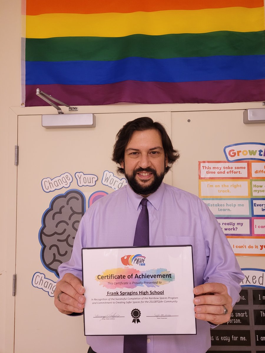 FrankSpraginsHS's tweet photo. We were so honored today to have our friends at #PrideYMM visit the school to recognize Frank Spragins as being the first and only school in Ft McMurray to be given their Rainbow Space designation! Rainbow Spaces are organizations that are committed to LGBTQ2S+ inclusion! @FMPSD https://t.co/KBJ28SJWms