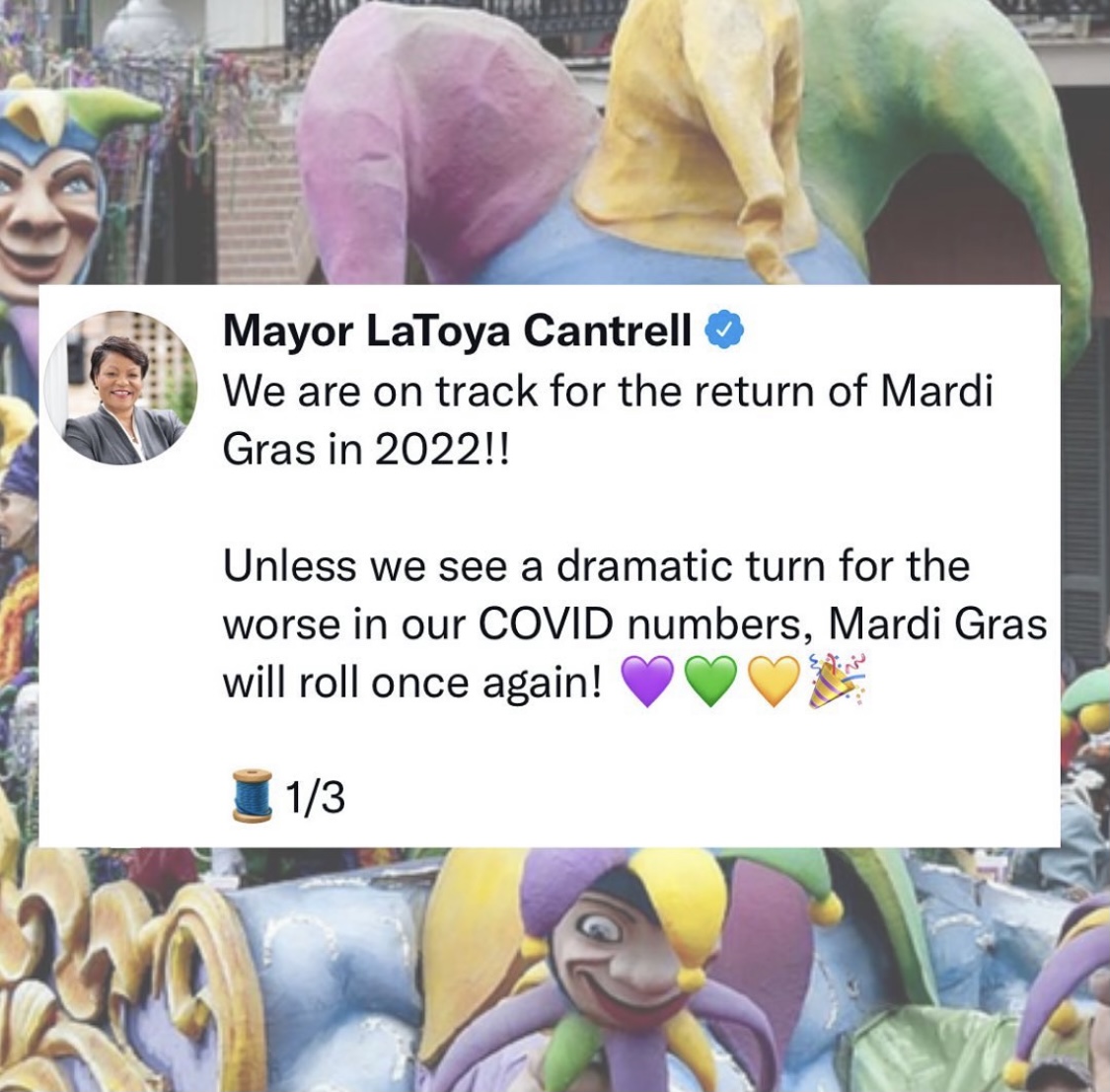 VisitNewOrleans's tweet photo. Only 18 more Tuesdays until our favorite Tuesday of the year: Mardi Gras Day! ⚜️ 

We will continue to monitor and share updates, but as for now, Mardi Grass 2022 is a GEAUX and set to roll. 💜 💚 💛 

Stay tuned for more! https://t.co/D1GeOPU11w