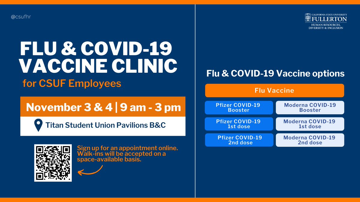 csufhrdi's tweet photo. There will be an on-campus COVID-19 &amp; Flu Vaccine Clinic for @csuf employees on Nov. 3 &amp; 4, in the TSU-Pavilions B &amp; C, from 9 am to 3 pm. Sign up to receive your vaccine(s). Walk-ins accepted on a space-available basis. Learn more via the link in our bio #CSUFCovid19 https://t.co/arD1ouajhG