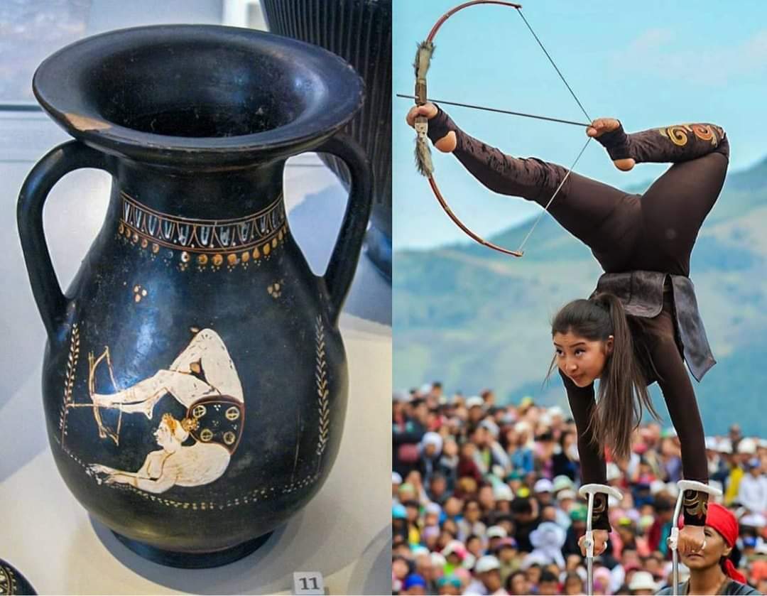 archeohistories's tweet photo. First image shows an Ancient Greek Pelike depicting a woman acrobat shooting an arrow with her feet. The artifact dates back to the 4th Century BC.
Second image shows an acrobatic archer at the 2016 World Nomad Games held in Kyrgyzstan.

#archaeohistories https://t.co/IQahmETT7x