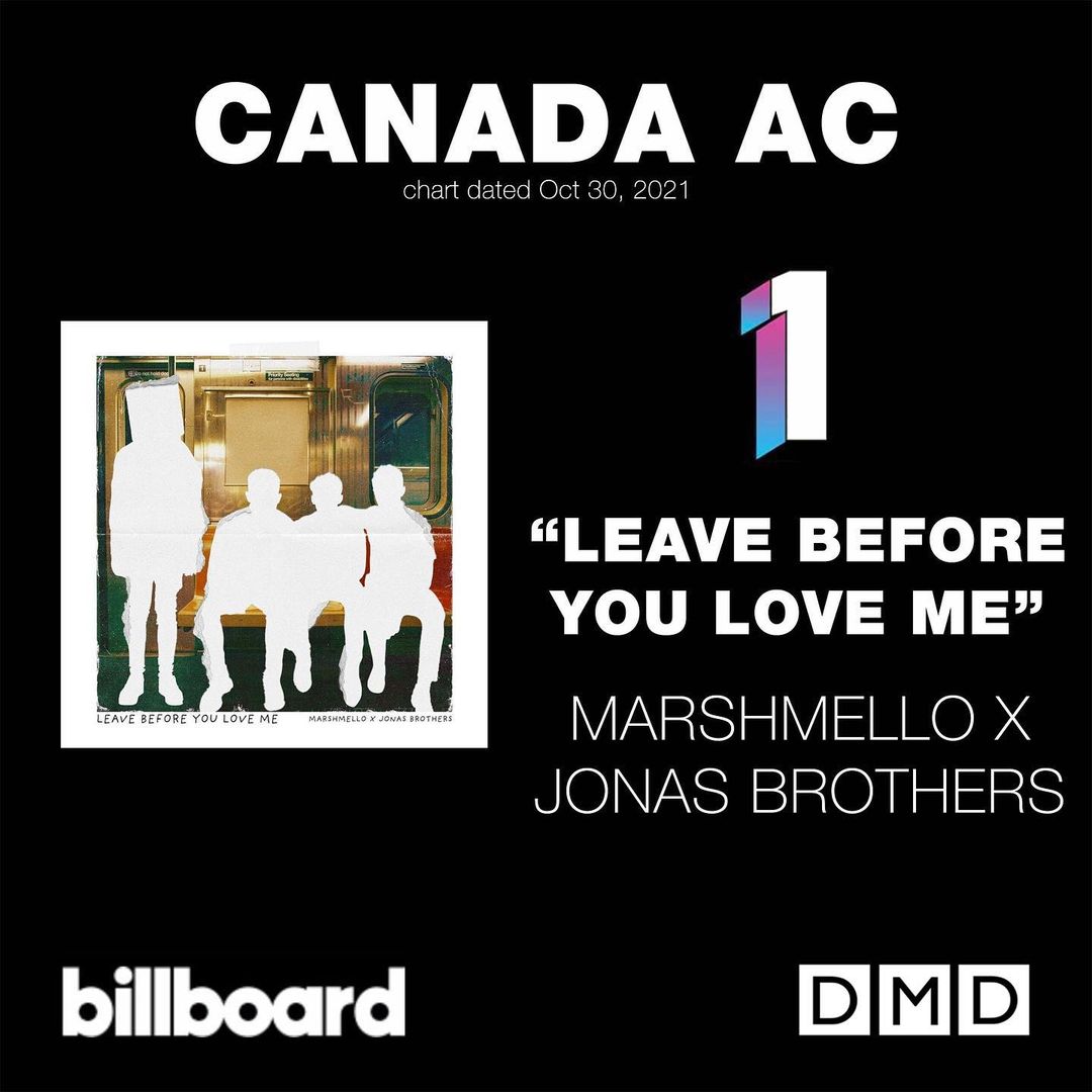 Marshmello Charts (@mellocharts) on Twitter photo #LeaveBeforeYouLoveMe by Marshmello and Jonas Brothers hit #1 on Billboard's Canada AC this week. It's 21 weeks into the Chart. Congratulations @Marshmellomusic, <a href="/jonasbrothers/">Jonas Brothers</a> and everyone involved in this song. #LeaveBeforeYouLoveMe by Marshmello and Jonas Brothers hit #1 on Billboard's Canada AC this week. It's 21 weeks into the Chart. Congratulations @Marshmellomusic, <a href="/jonasbrothers/">Jonas Brothers</a> and everyone involved in this song.