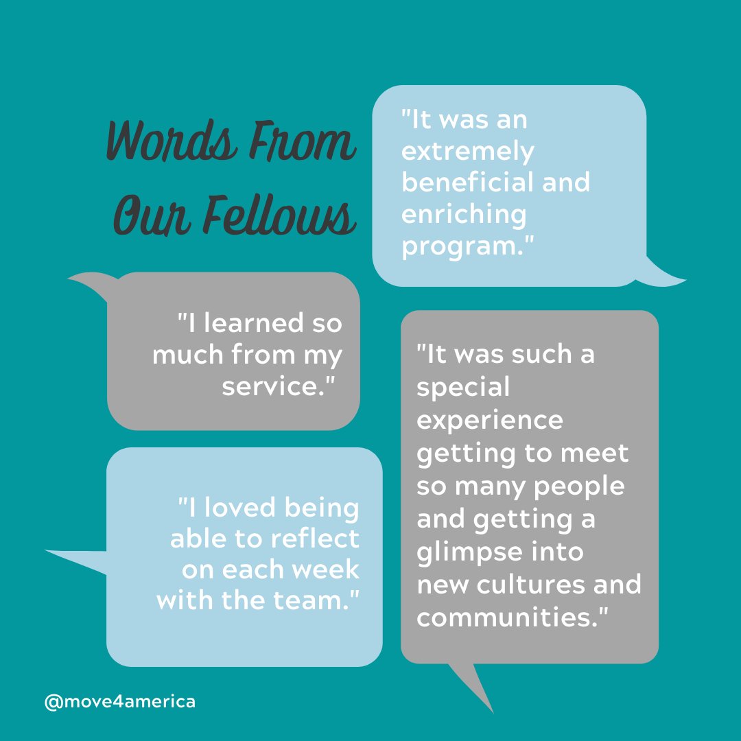 Move4America's tweet photo. As we approach winter and applications for our Fellowship Program opening, see what some of our Summer Fellows had to say about their experiences bridging divides with Move for America.
#move4america #moveforamerica #nonprofitorganization #fellowshipprogram https://t.co/fN7zLSXzrK