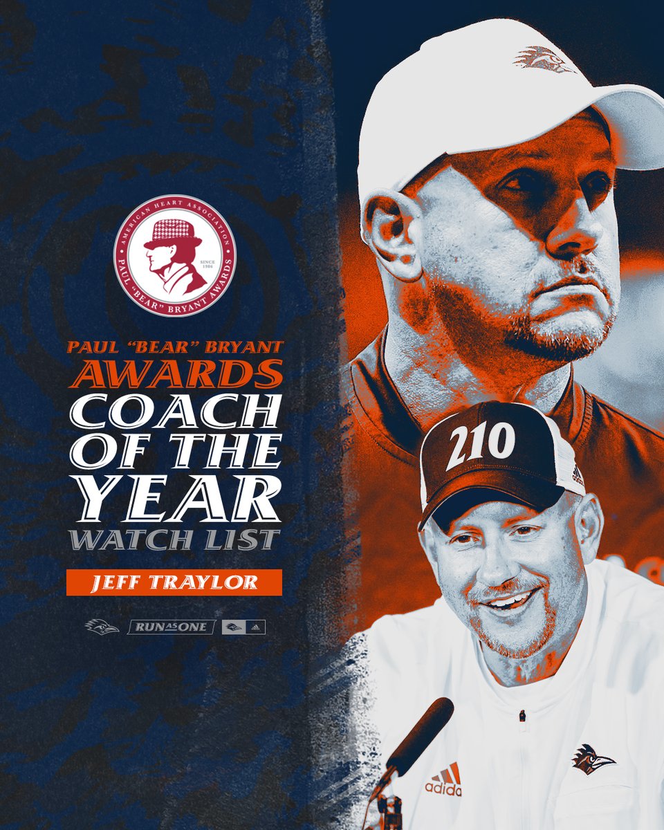UTSA's Jeff Traylor is one of 21 head coaches named to the Paul "Bear" Bryant Awards Coach of the Year watch list!

🔗 bit.ly/3nzr9uz

#210TriangleOfToughness | #BirdsUp 🤙
