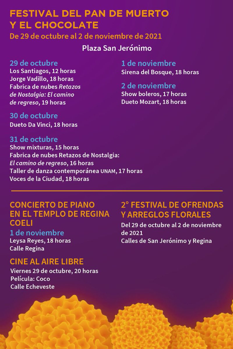 correomayormx's tweet photo. Nos vemos el fin de semana con diversas actividades en el @CorredorCentro para celebrar el #diademuertos.
Festival del pan de muerto y el chocolate, del 29 de octubre al 2 de nov., de 12 a 20 h.
¡Conciertos, danza, concursos, cine, mucho pan y chocolate!
¡Te esperamos! https://t.co/MXtHGH6oJv