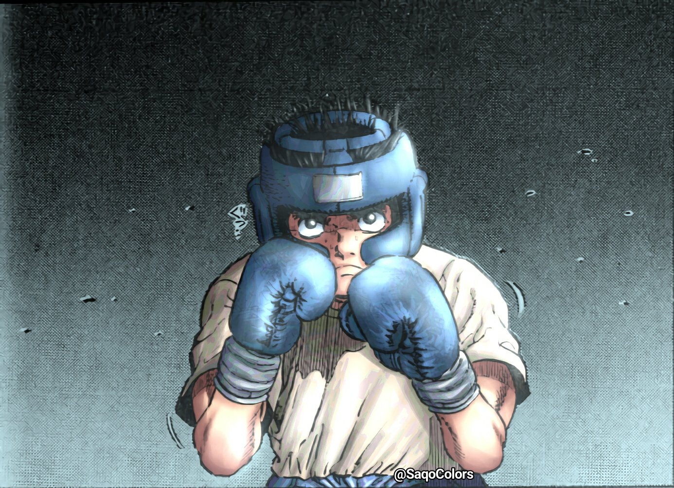 Coloured one of my favourite Panels. So, this is when Sendo smiles at Ippo  mid-match, in Mexico, I think it was very warm. : r/hajimenoippo
