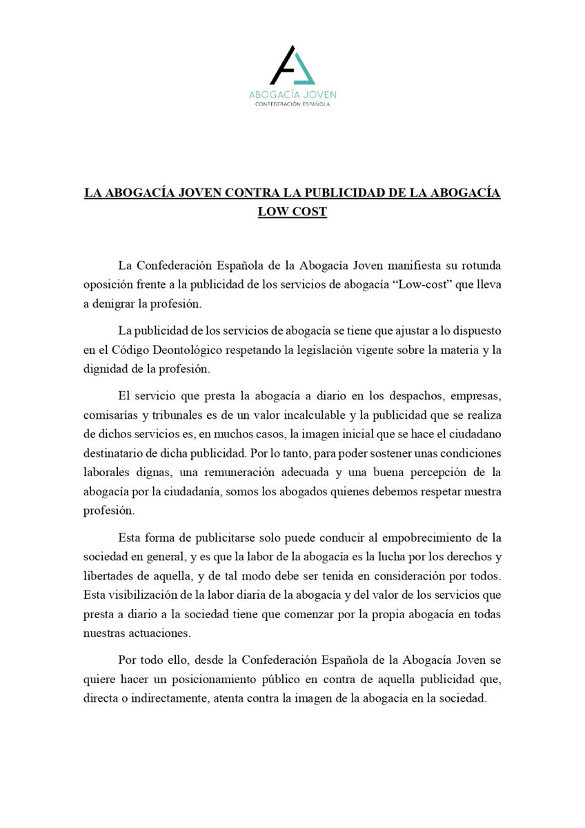 Desde <a href="/GAJ_Malaga/">GAJ Malaga</a> queremos compartir el comunicado de <a href="/abogacia_joven/">AbogacíaJoven</a> en contra de la publicidad de la abogacía low cost 👏👏 Práctica que denigra los valores de nuestra profesión 😤😤