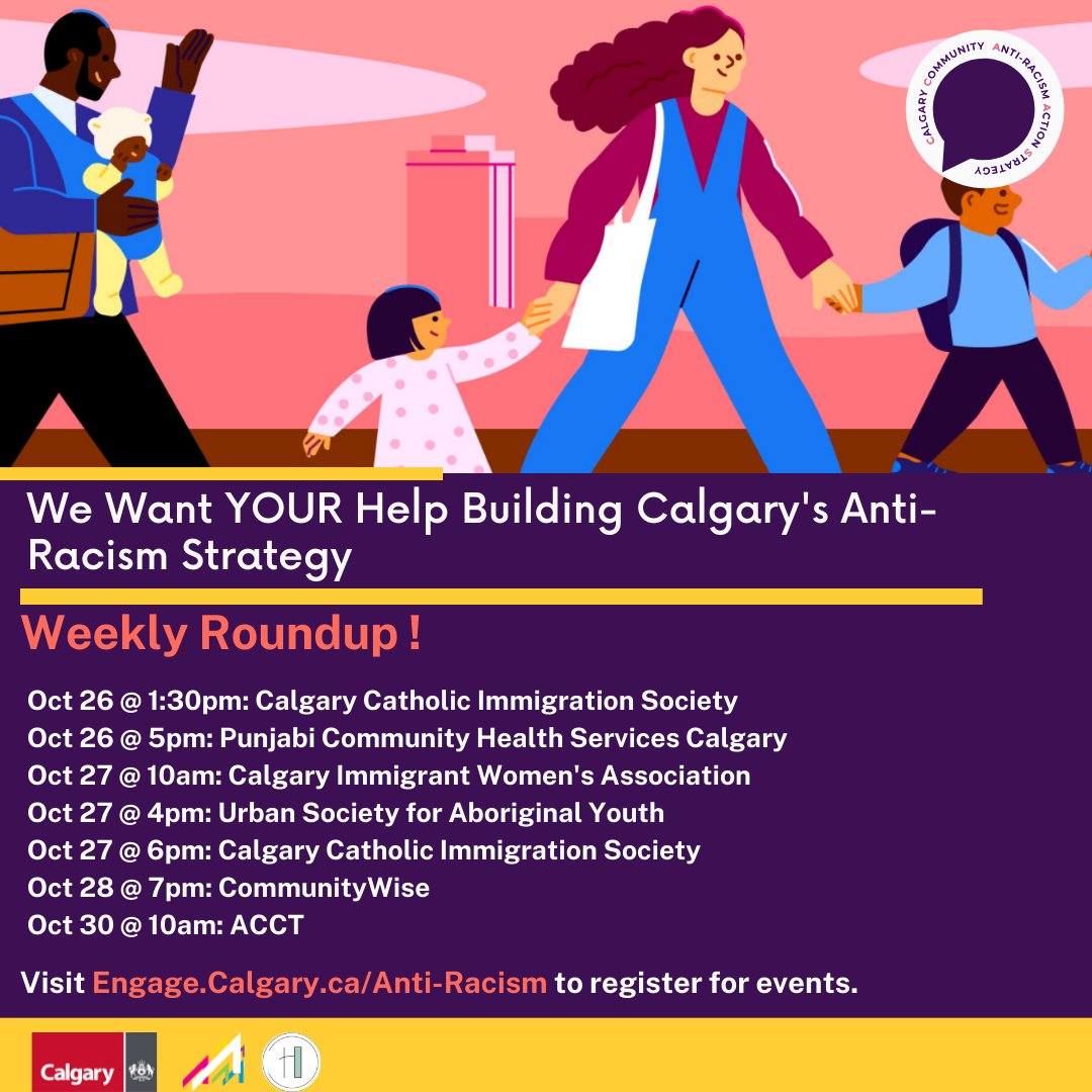 Hey #yyc! The City wants YOUR help building Calgary's anti-racism strategy. We've got a great line up of #antiracism events happening this week. Visit engage.calgary.ca/anti-racism to learn more about the project, or to register for an event.