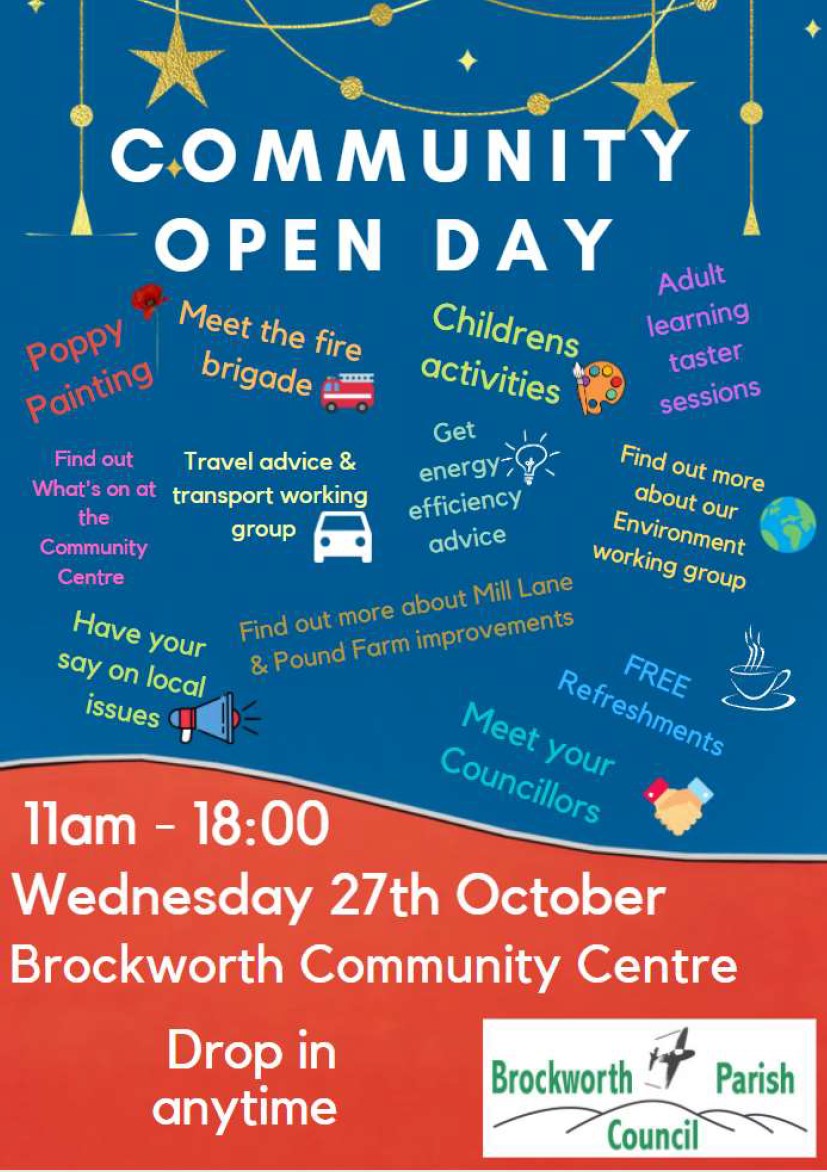 BrockworthPC's tweet photo. Don't forget to come along to our Community Open Day Weds 27th Oct. Drop in anytime between 11am and 6pm. We look forward to seeing you. https://t.co/7UujLeMvn1
