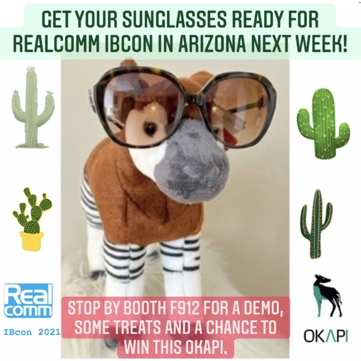 Okapi_AI's tweet image. #Realcomm21 #IBcon21 is next week! 😎 Get your sunglasses ready for Arizona and meet the #OkapiAI team at the largest conference focusing on #realestate, #technology and #innovation. Stop by booth F912 11/2-11/3 for a demo, some treats and a chance to win this Okapi.
#cretech