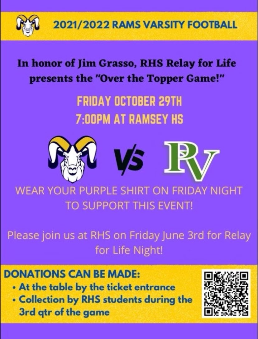 RamseyHSNJ's tweet photo. Please join us at Ramsey High School THIS Friday, October 29th, for our "Over The Topper" Football Game against PV.

This game is in honor of beloved Jim Grasso. Wear your favorite purple shirt to the game and any donations made will benefit Relay For Life of Ramsey! https://t.co/MX5D0LpotC