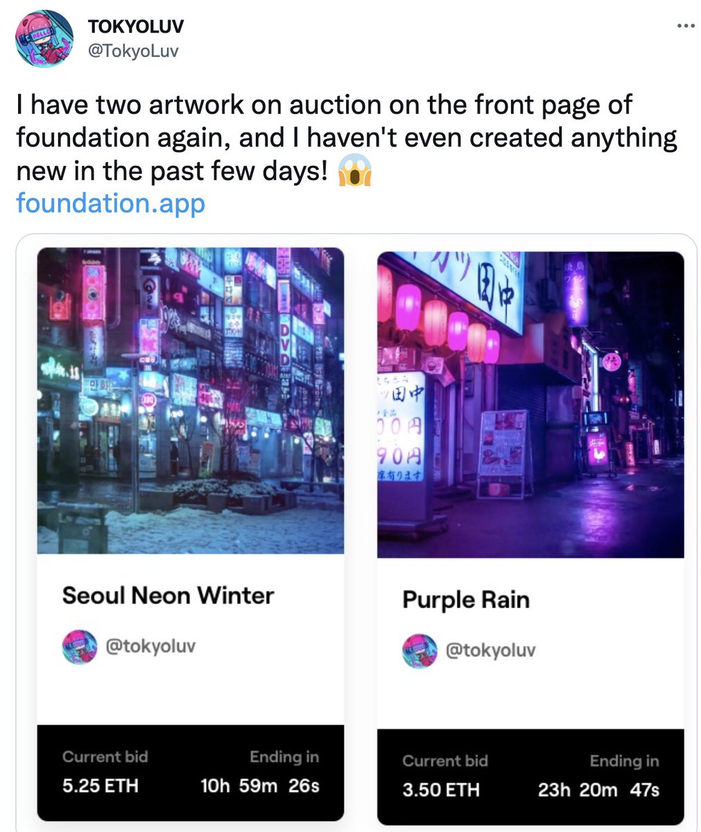 Haphazardly listed “Purple Rain” last night, unaware of recent price action, and felt instant regret when I saw the auction triggered. I picked up the 1/1 in the Oct minibear because I think that @TokyoLuv will be thought of as in the “SeerLight School” of early cyberpunk art.