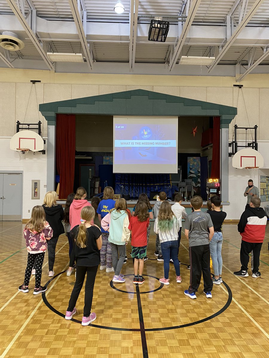 Great morning reviewing patterns in grade 5 with @MrAHallett. Setting up a kahoot where students run to the correct answer in the gym is an easy way to integrate movement into your math class. Print and post one kahoot shape on each wall and watch them go!