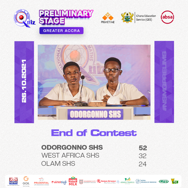 NSMQGhana's tweet photo. CONFIRMED:

Odorgonno SHS has qualified to the One-eighth Stage in style, securing a @PruLifeGhana NSMQ Star and @GOIL_Official Riddle Bonanza in their very first contest.

Well done.

#NSMQPrelims #NSMQ2021 #Primetime https://t.co/LlBcCJoqJ3