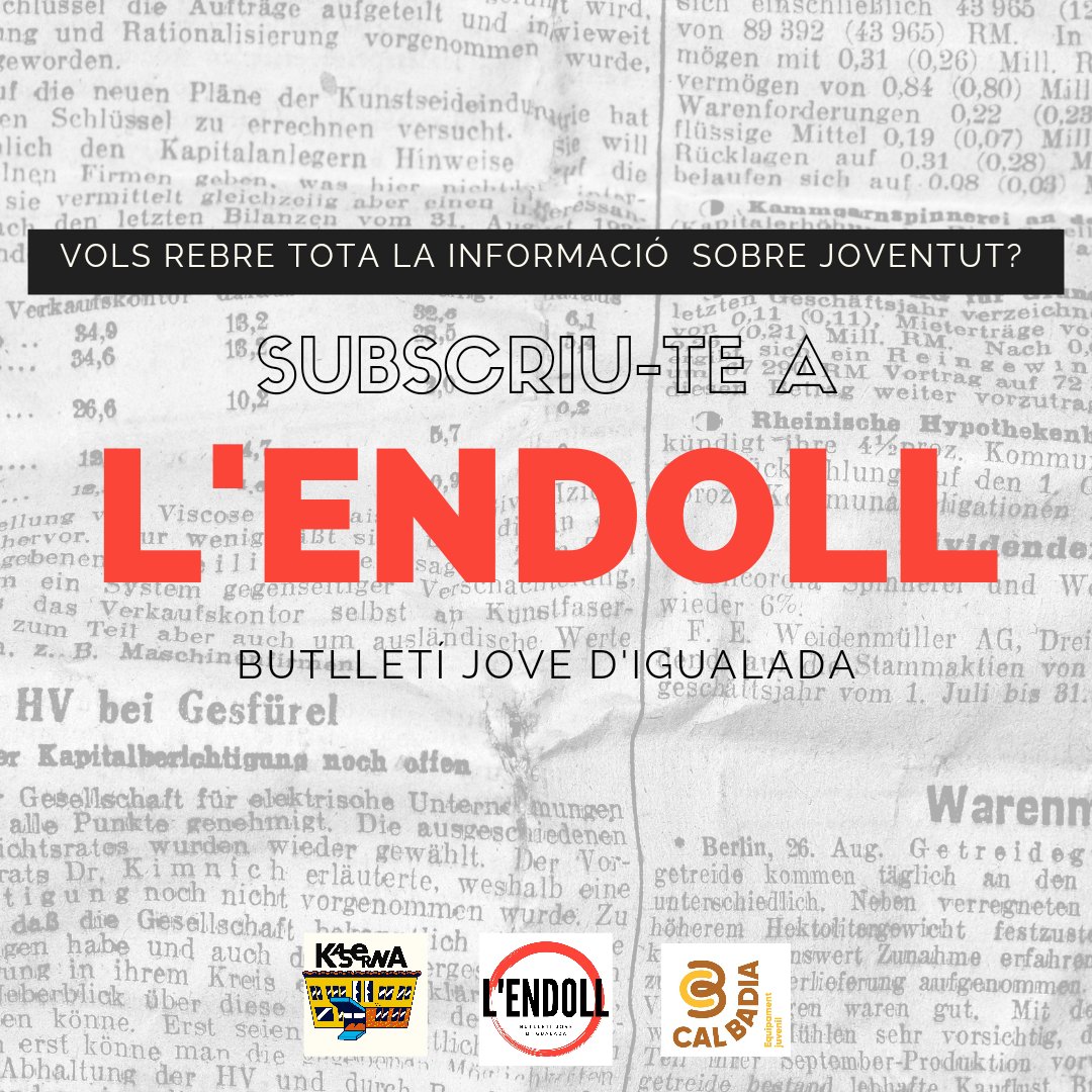 IgualadaJove's tweet photo. Si voleu rebre tota la info de la Kaserna, se Cal Badia i del que passa per a Joves a Igualada i Catalunya, no dubteu en apuntar-vos al nostre butlletí.
Només cal entrar a la nostra web i omplir les vostres dades ✌️.
Endolla't 💥!!
#igualada #igualadajove #laKaserna #calbadia https://t.co/J3W80Uv3N2