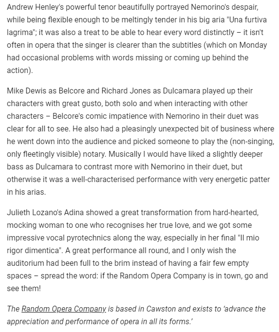 It's been 24 hours since last night's performance of L'elisir d'amore, and I'm still reeling from the incredible quality of all our performers!  Read these reviews, and next time make sure you book early!