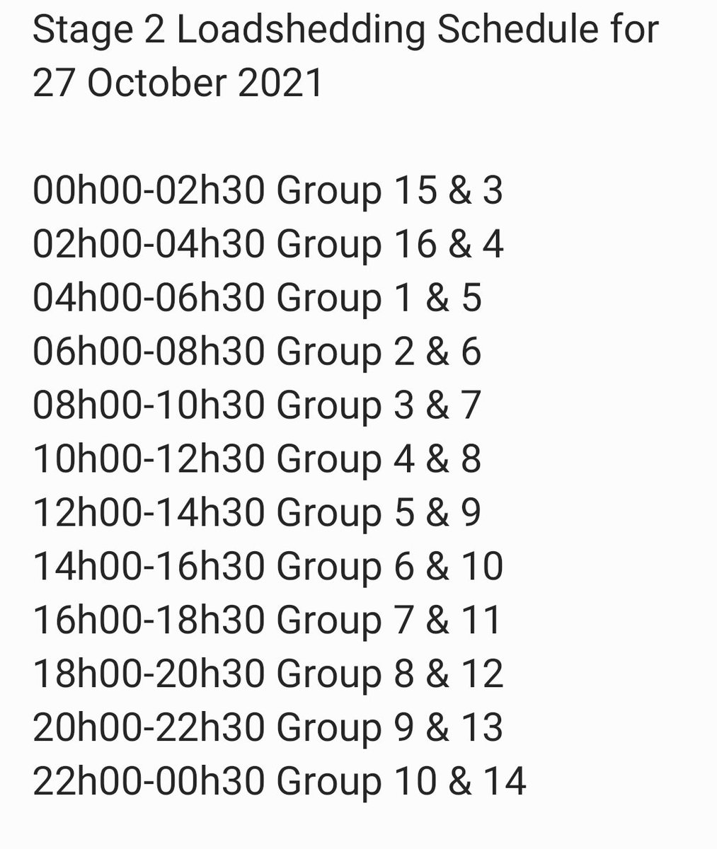 City Of Tshwane On Twitter Stage 2 Loadshedding Schedule For 27 October 2021 Https T Co A89bcuavju Twitter