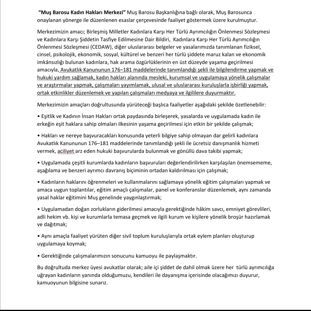 Muş Barosu Kadın Hakları Merkezimizin kuruluş ve işleyişine ilişkin basın duyurusudur. Tek başımıza güçlüyüz, birlikte daha güçlüyüz! #muşbarosu #kadınhaklarımerkezi