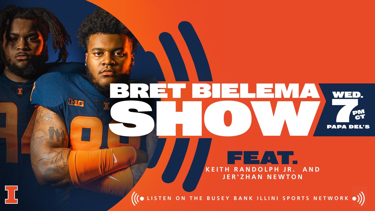 This week's <a href="/BretBielema/">Bret Bielema</a> Show features <a href="/Randolph_22/">Keith Randolph</a> and <a href="/Johnny5Newton/">THESEUS🔱</a>.

Join us at Papa Del's on Wednesday at 7 p.m. CT or listen on the Busey Bank Illini Sports Network.