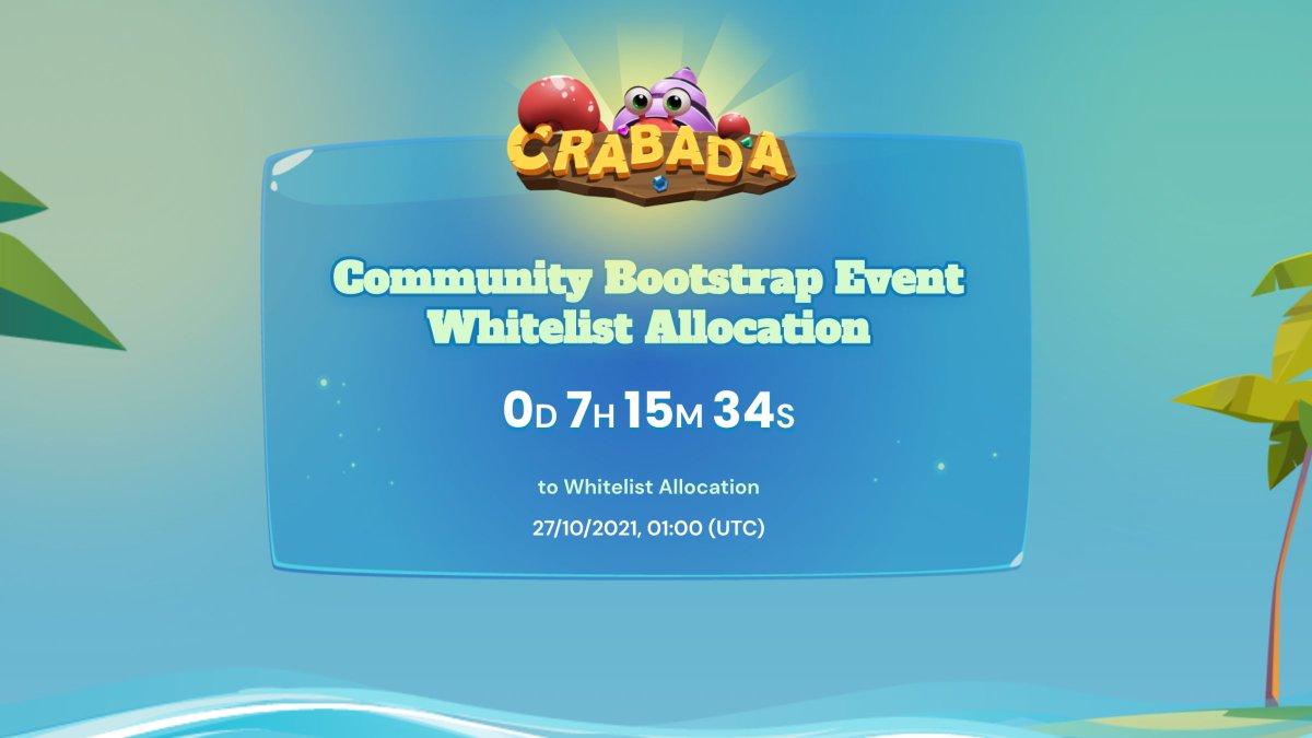 PlayCrabada's tweet photo. ⏳
LESS THAN 8 HOURS LEFT TO WHITELIST ALLOCATION EVENT!

ARE YOU READY~?

📅 Whitelisting begins 27 Oct 2021, 1 AM UTC!
https://t.co/iiPLTDUWW8 https://t.co/pjWUjCUMJS