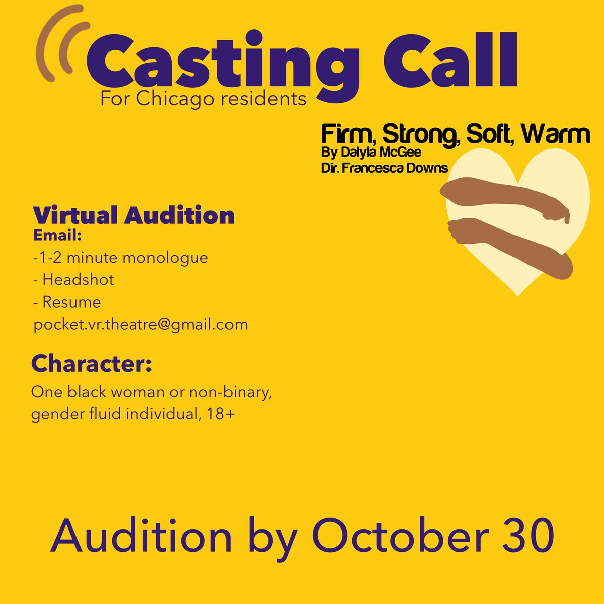 pockettheatrevr's tweet photo. Audition for Firm, Strong, Soft, Warm by this Saturday! #FirmStrongSoftWarm #FSSW #Auditions #ChicagoAuditions #VirtualAuditions #VRTheatre #PTVR #PocketTheatreVR #Virtual https://t.co/BBsfIQuUSu