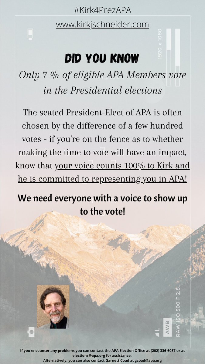 The momentum has been inspiring and the vote is nearly closed - access your ballot by October 29!
If you encounter any problems you can contact the APA Election Office at (202) 336-6087 or at elections@apa.org for assistance. You can also contact Garnett Coad at gcoad@apa.org
