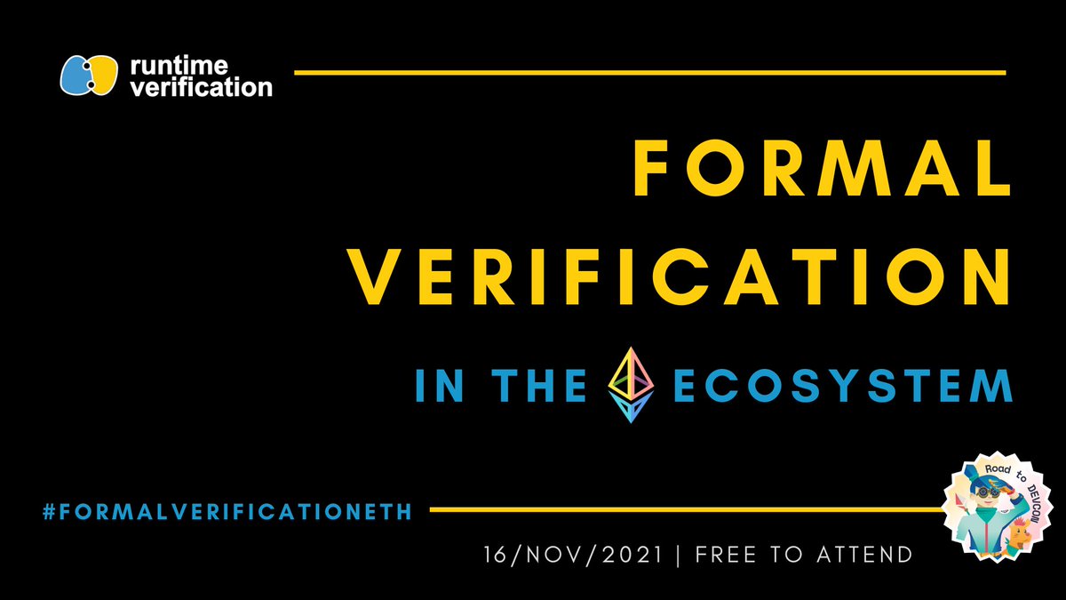 Runtime Vеrification (@rv_inc) on Twitter photo 21 days to go!!! Let us know who you want to see in the event talking about #formalverification at the "Formal Verification in the Ethereum Ecosystem" event 👇
Register for free at: runtimeverification.com/events/formalv…
#formalverificationeth <a href="/EFDevcon/">Devconnect ARG</a> <a href="/EF_ESP/">EF Ecosystem Support Program</a> 21 days to go!!! Let us know who you want to see in the event talking about #formalverification at the "Formal Verification in the Ethereum Ecosystem" event 👇
Register for free at: runtimeverification.com/events/formalv…
#formalverificationeth <a href="/EFDevcon/">Devconnect ARG</a> <a href="/EF_ESP/">EF Ecosystem Support Program</a>