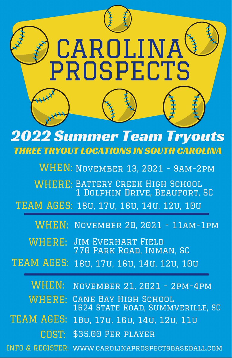 Additional summer team tryout location in Beaufort, SC!! Come out to our workout at Battery Creek High School on Saturday, November 13th!! 3 locations to choose from around the state! Go to carolinaprospectsbaseball.com for info and registration. #prospects