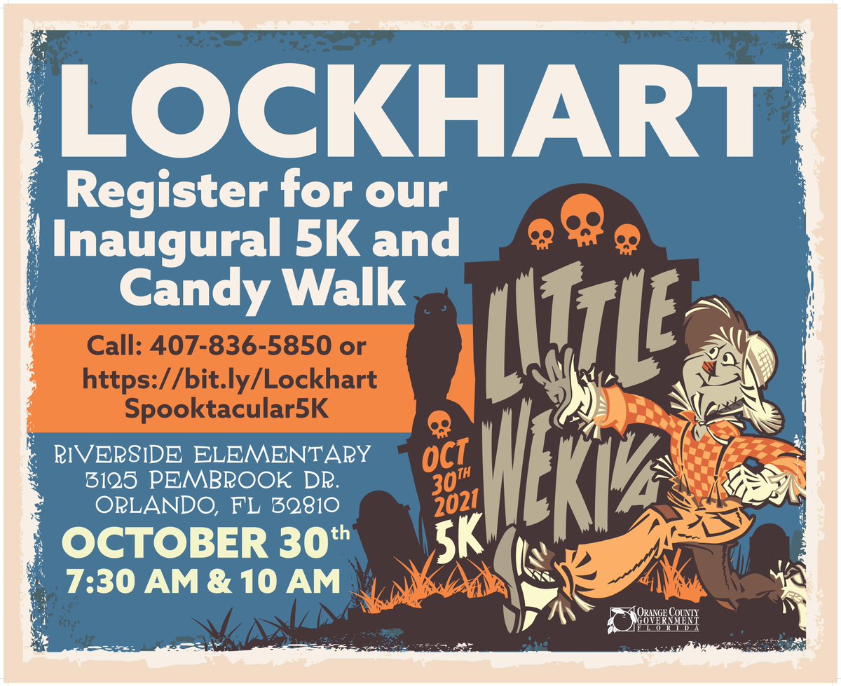 OrangeCoParksFL's tweet photo. π Register today for the @OCFLDistrict2 https://t.co/Cg3cVLug53 (savings code: LockhartRuns2021) on Sat. 10/30, 7:30am at #RiversideElementary. At 10am little ghosts & goblins can join the Costume Candy Walk at @OrangeCoParksFL #RiversideAcresPark! Questions: 407-836-5850. https://t.co/74iHJ7B4QQ