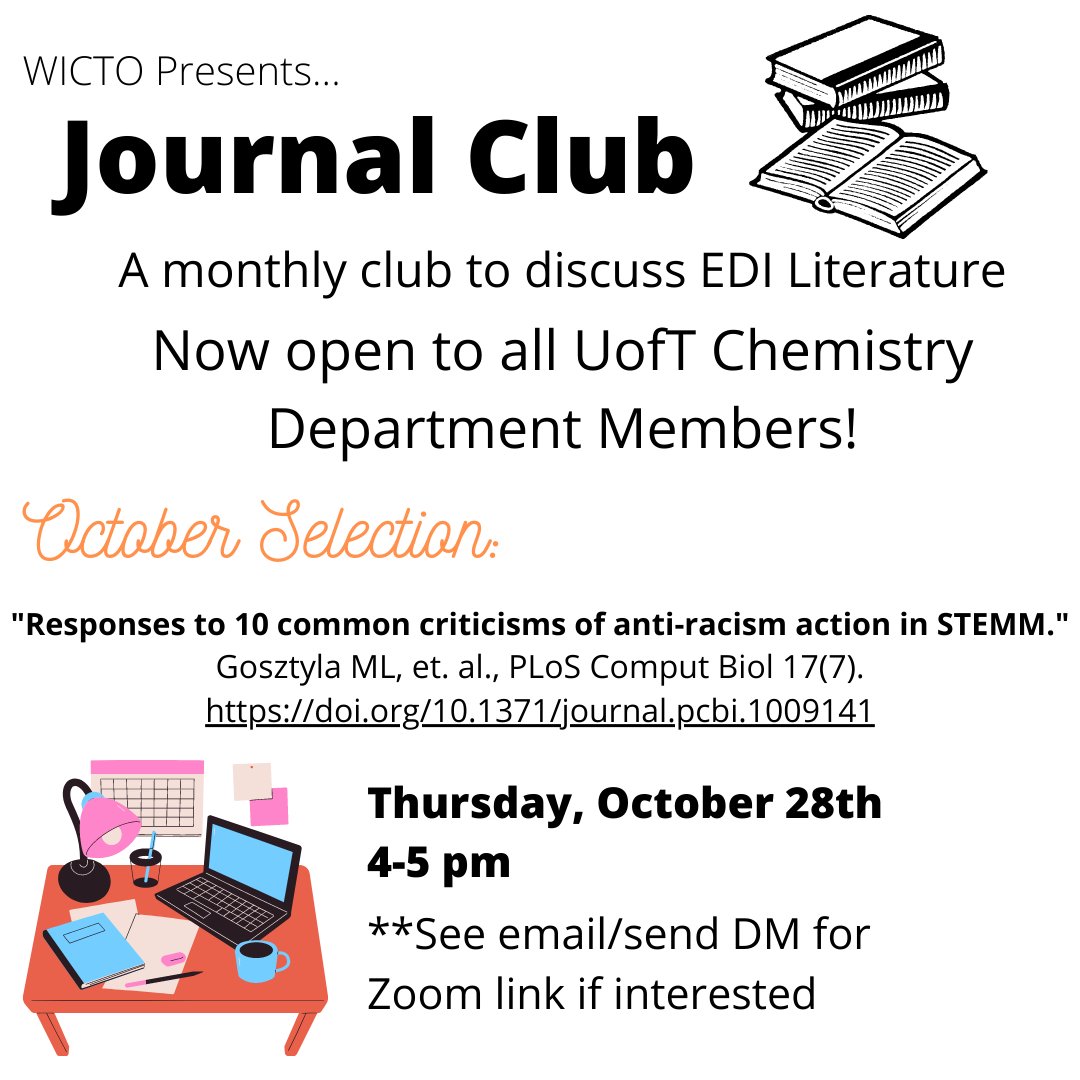 WIC_Toronto's tweet photo. WICTO is opening our monthly EDI Journal Club to all @chemuoft department members! See https://t.co/blWx7rYOWD for a direct link to the October selection. https://t.co/otHuNiMGgA