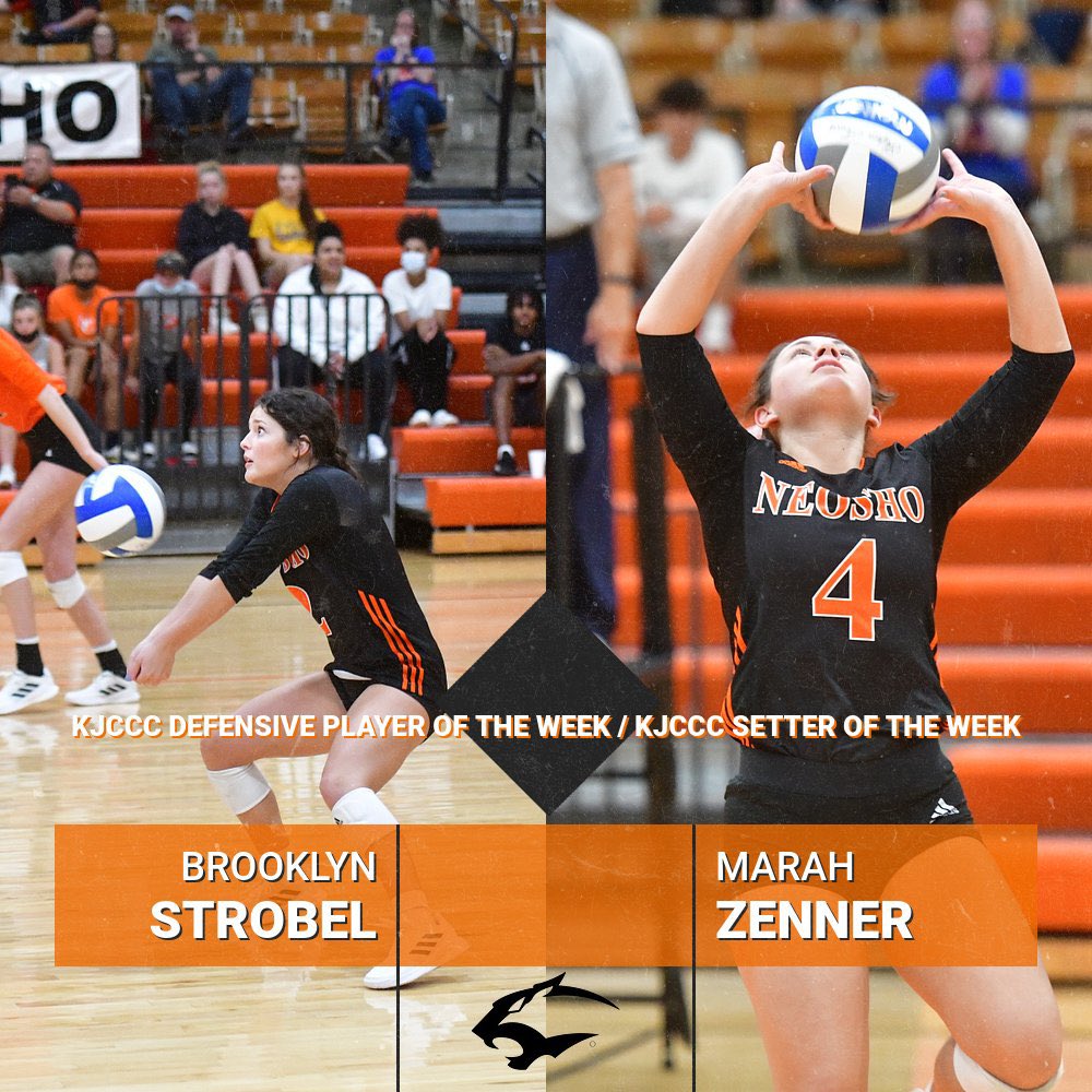Congratulations to sophomore libero Brooklyn Strobel on earning KJCCC Defensive Player of the Week and freshman setter Marah Zenner on earning KJCCC Setter of the Week!